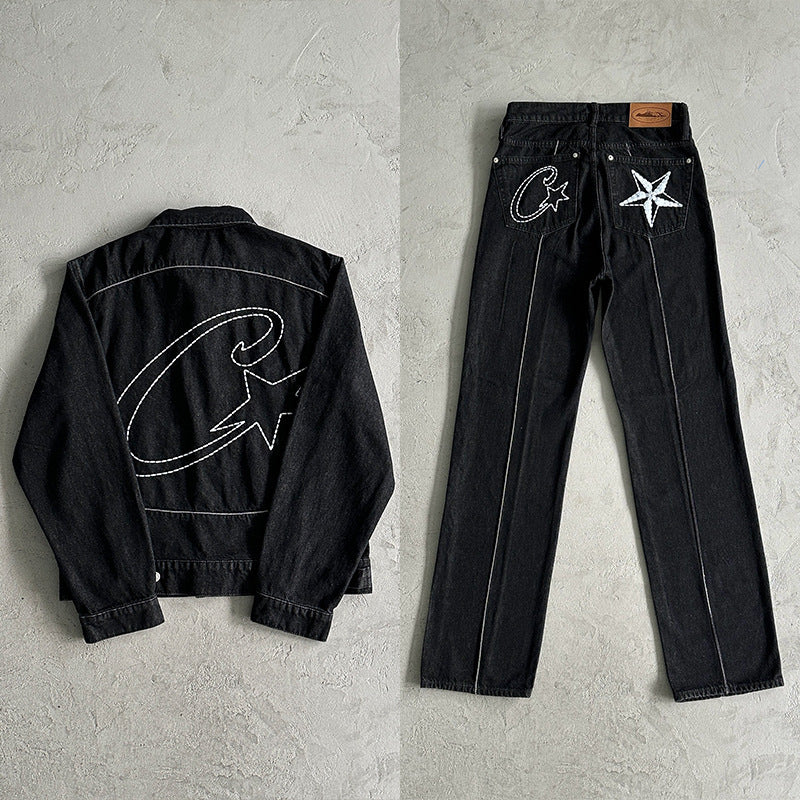 Men's American high-street vintage denim outfit (jeans and denim jacket)
