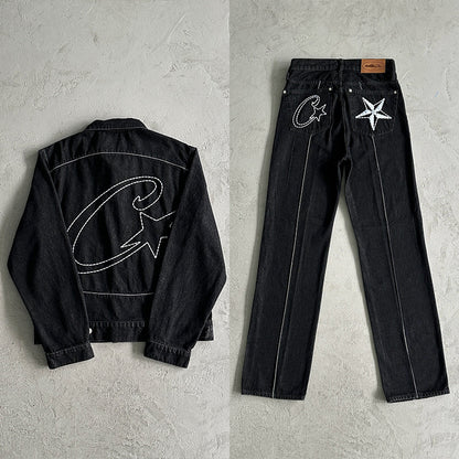Men's American high-street vintage denim outfit (jeans and denim jacket)