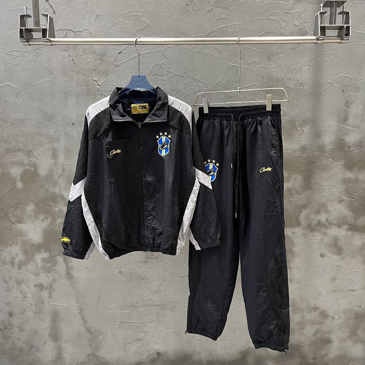 Corteiz Alcatraz Embroidered Logo Woven Casual Black Sportswear Set