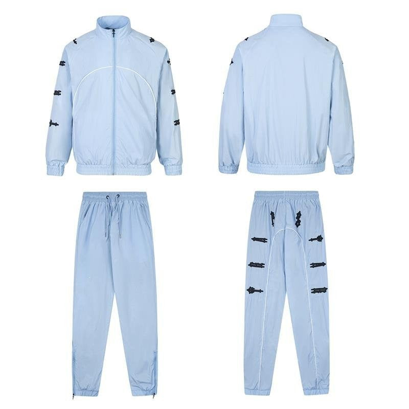 Color-blocked embroidered letter windproof sports set Sky Blue