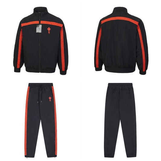 Color-blocked embroidered letter windproof sports set Black and Red