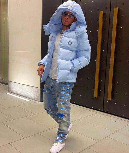 DETACHABLE HOODED PUFFER JACKET - ICE BLUE